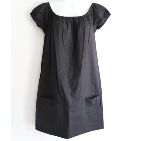 Theory Lilibeth W Black Linen Dress sheath shift off the shoulder pockets  small